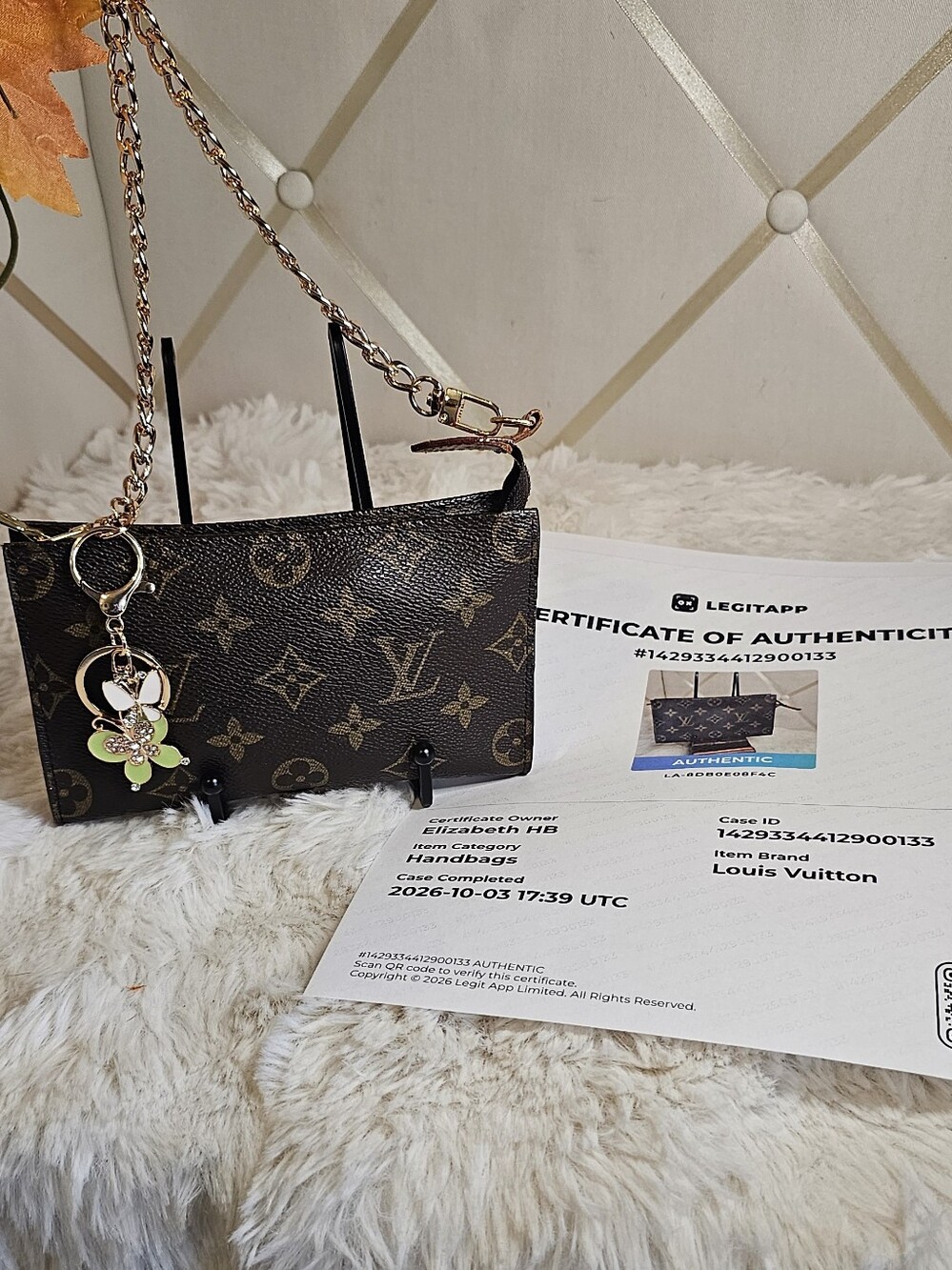 Louis Vuitton Brown Monogram accessory pouch With Chain Wristlet And COA.
